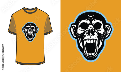 Bold monkey skull with wide jaw sharp teeth graphic design Tshirt mockup head face