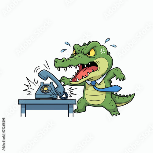 Angry Crocodile Business Man Answering Ringing Phone.