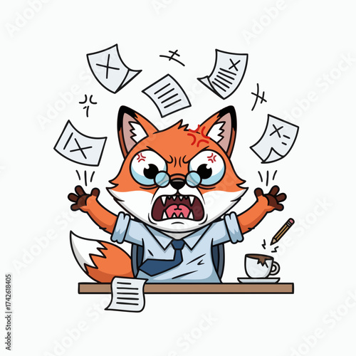 Angry Fox Office Worker Overwhelmed by Paperwork.