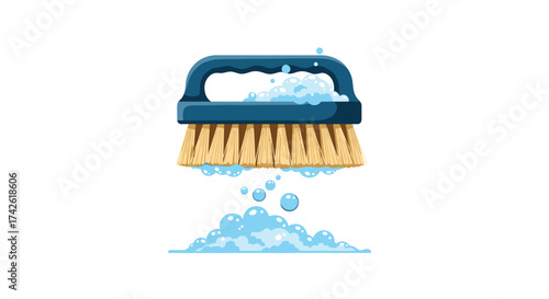 A blue scrubbing brush creates bubbles and foam.