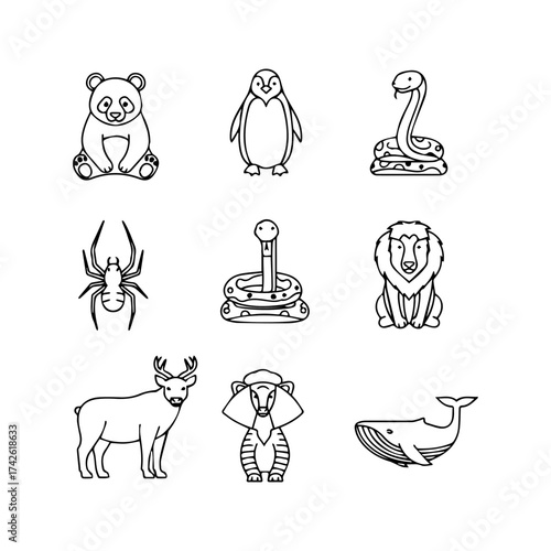 Assorted lineart animals panda penguin snakes spider lion deer baboon whale