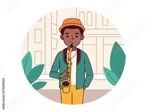 Musician Playing Saxophone on Street Scene Artistic Cartoon Illustration