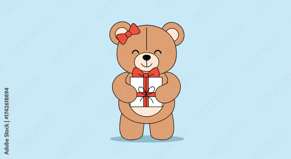 Fototapeta premium A cute teddy bear is holding a gift box.
