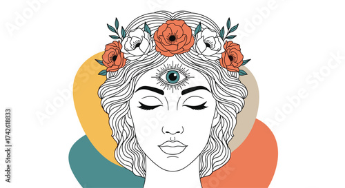 Mystical woman with third eye wearing a floral crown and abstract colorful shapes behind her head.