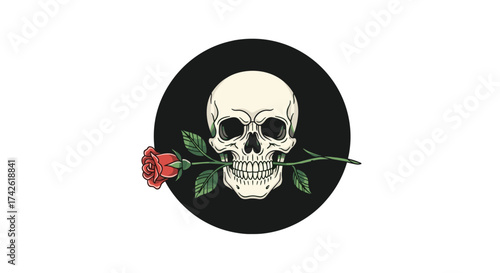 A skull holds a red rose in its mouth with a dark background.