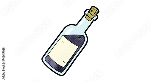 A glass bottle with a cork and a blank label filled with a dark liquid.