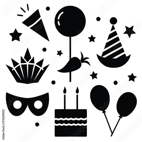 A fun vector set of birthday party elements including a cake, balloons, and a party hat for your celebration illustration or design
