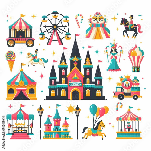 Vivid carnival scene with rides tents animals and characters arranged on a white background