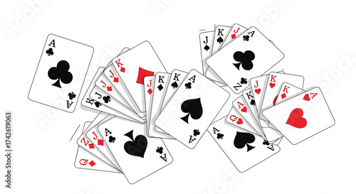 A collection of playing cards scattered across a white background.