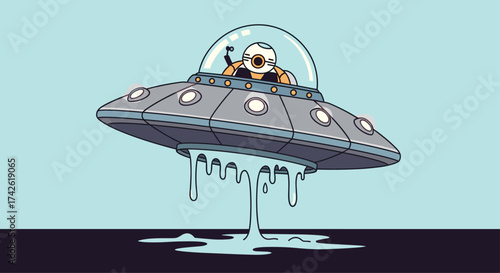 A cartoon alien pilot navigates a flying saucer through space.