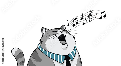 A happy cat sings a song with musical notes emanating from its mouth.