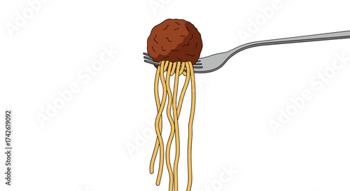 A single meatball with spaghetti dangling from a fork.
