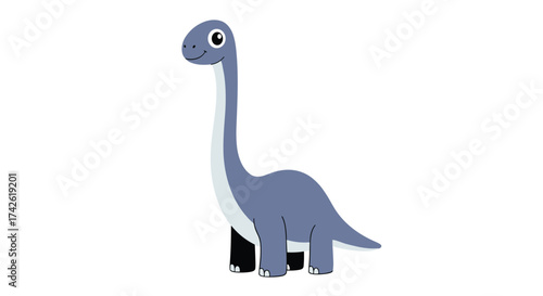 A cute cartoon blue brontosaurus dinosaur walks with its long neck extended.