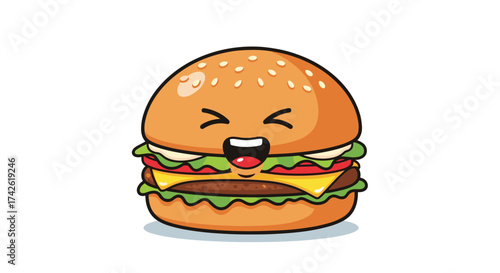 A cute cartoon hamburger with a happy face smiling brightly.