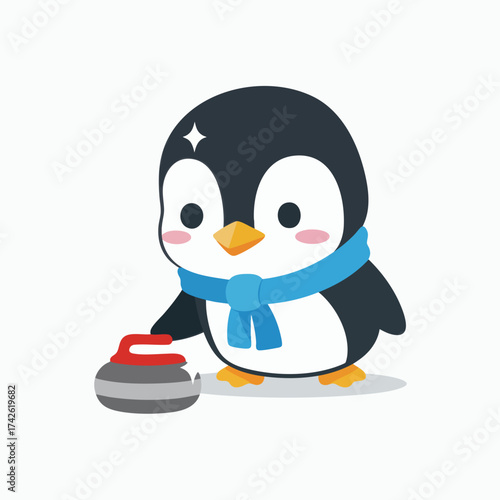 Cute Cartoon Penguin Playing Curling with a Blue Scarf.