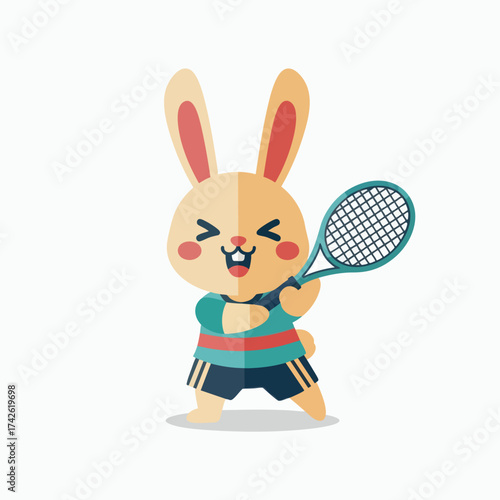 Cute Cartoon Rabbit Playing Tennis with Racket.