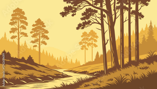 Beautiful sunset landscape with autumn foliage illuminating the forest trees