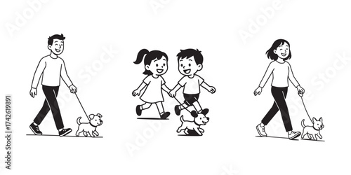 Family walking dogs vector illustration – parents and children spending time with pets in minimal line art style