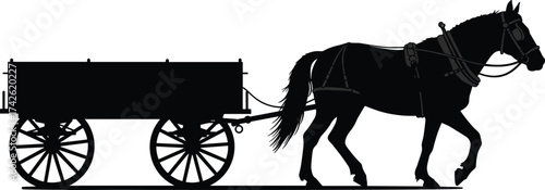 Horse-drawn wagon silhouette illustration, traditional rural transport scene, countryside mobility artwork, manual labor and heritage icon