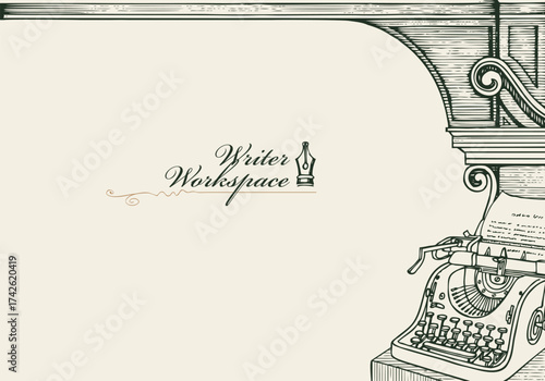 Vector banner on the theme of writers with space for text. Writer's workplace. Vintage page with  typewriter, antique architecture and arch. No AI used