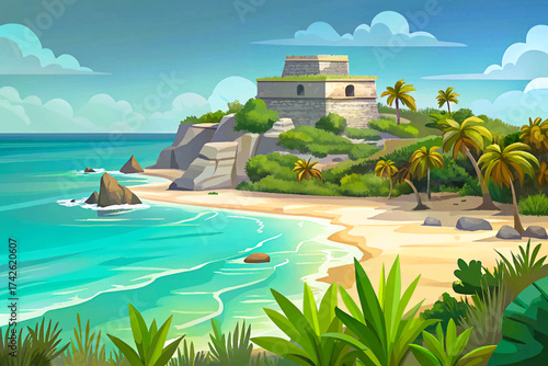 Tulum Beach Mexico, ancient Mayan ruins, turquoise ocean, tropical paradise, cultural travel destination, natural coastal beauty, world famous landscape.