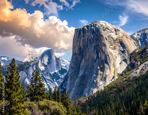 Massive granite mountain peaks beneath a bright blue sky