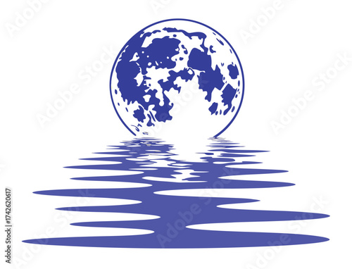 Mystical full moon rising with reflection over water vector illustration