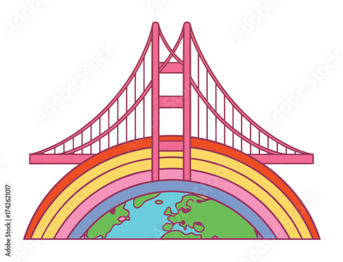 Whimsical illustration of the Golden Gate Bridge and a rainbow over Earth