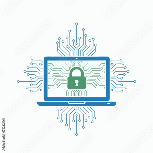 Laptop with padlock and circuit board lines representing data security.