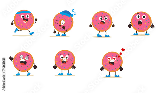 Vector illustrations of a cute cartoon donut with various emotions, including happy, sad, surprised, and angry. Perfect for apps, websites, social media, and marketing materials