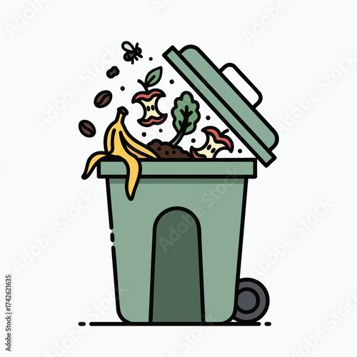 Organic Waste Bin with Food Scraps and Flies.