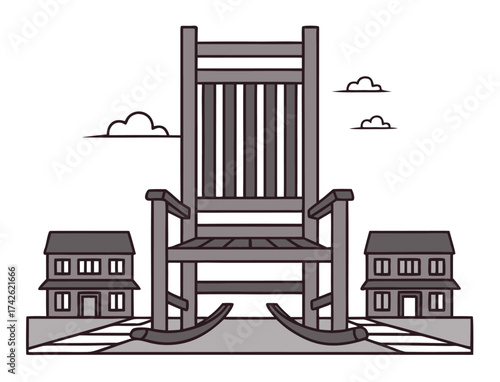 Classic rocking chair in a neighborhood setting flat design vector illustration