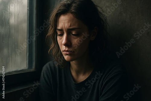 Sad woman sitting by window with tears on face in dim light