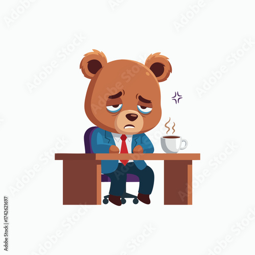 Tired Bear Businessman at Desk with Coffee 1.