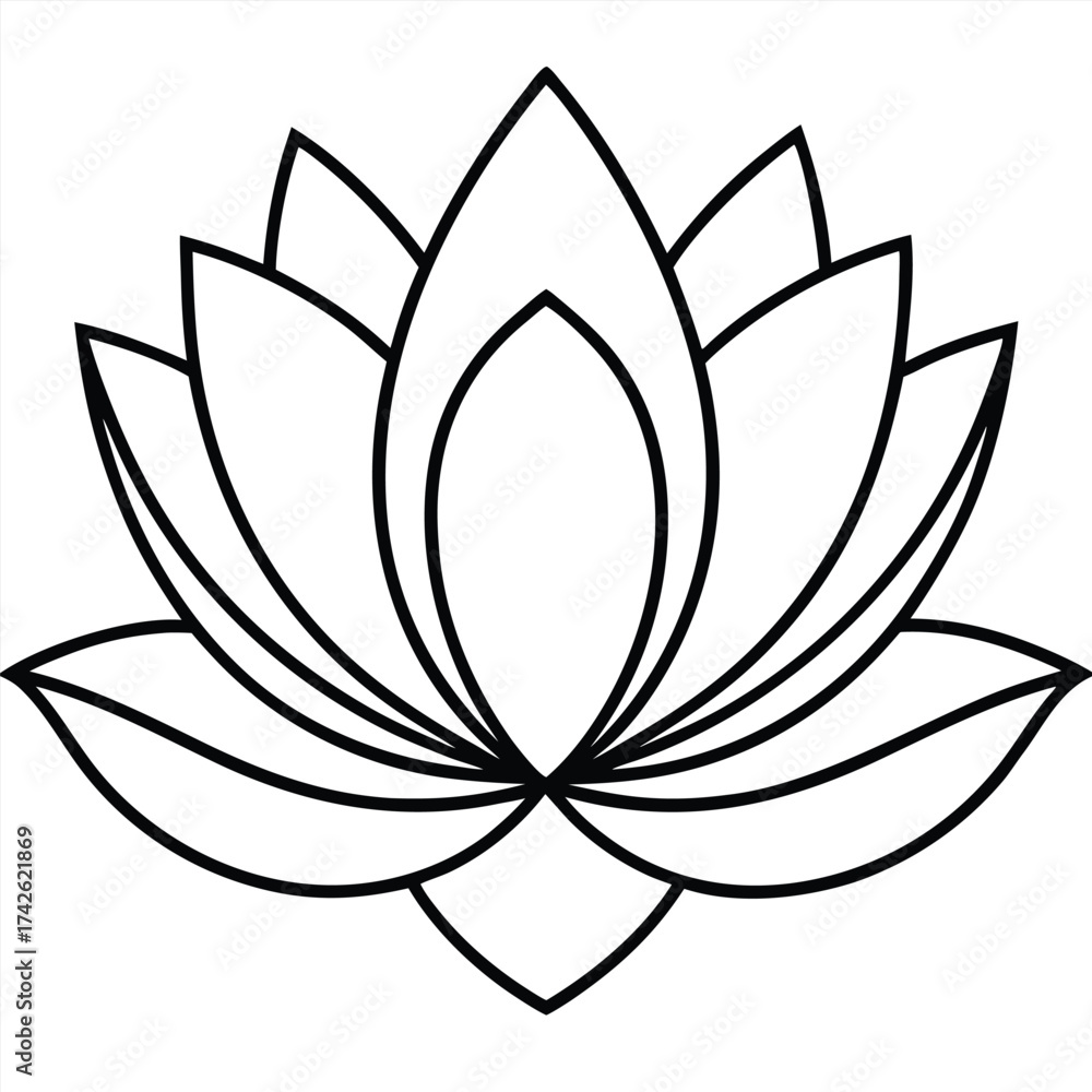 Fototapeta premium Elegant line art of a lotus flower, a symbol of purity, enlightenment, and rebirth, presented in a simple and clean black and white outline for versatile design applications