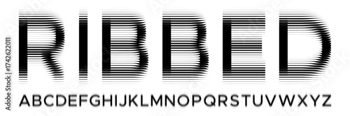 Alphabet with ribbed glass effect. Geometric typography set with bold capital letters distorted by horizontal ribbing. Creative sans serif font with distortion through glass. Vector illustration