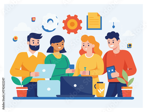 Teamwork Collaboration Illustration with People Using Laptops and Smartphones at Workplace