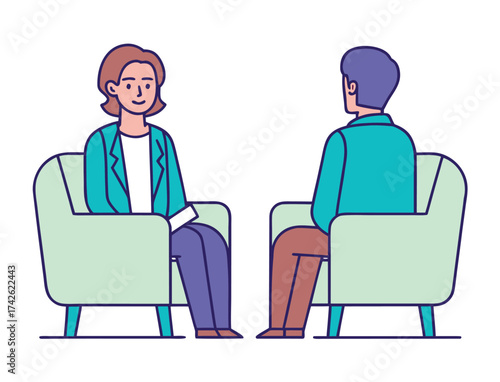 Therapy session illustration two people sitting in chairs facing each other