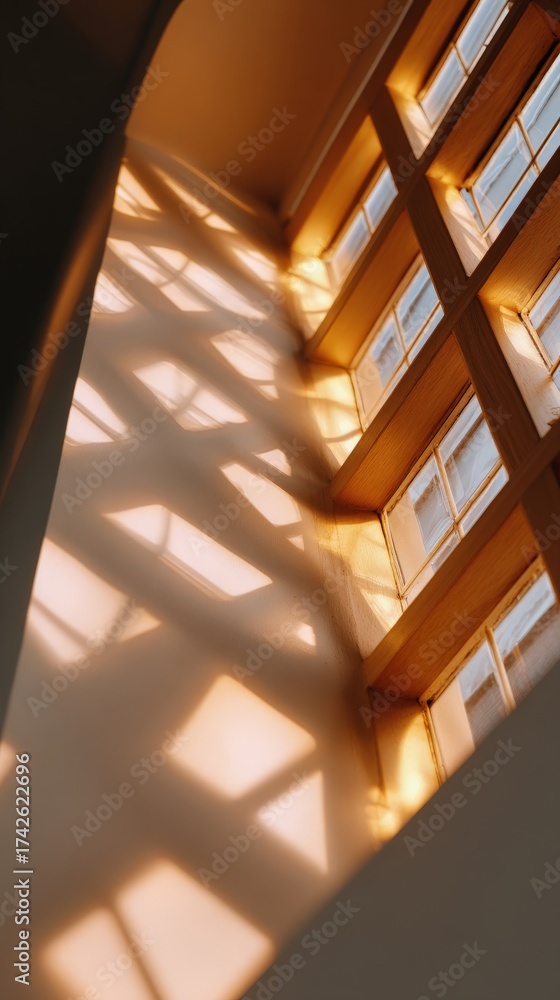 Obraz premium Sunlight casting geometric patterns through wooden window panes