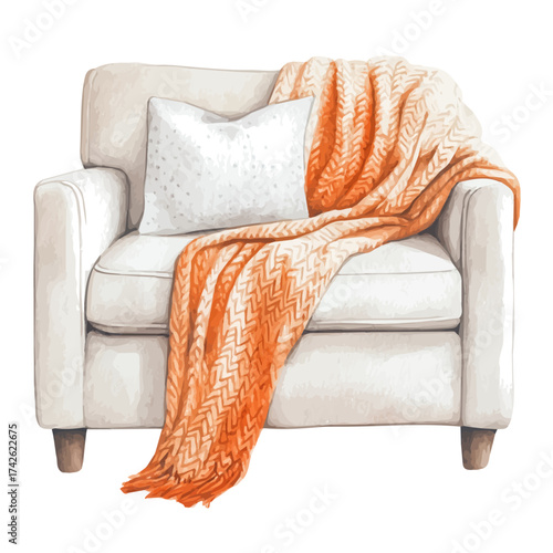 A Wool Knit Throw Draped Over A Neutral Sofa, watercolor illustration vector, isolated on a white background.