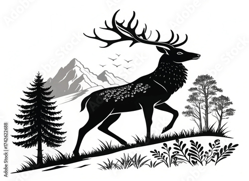 A majestic silhouette of a wild deer with large antlers stands in the forest as a nature illustration