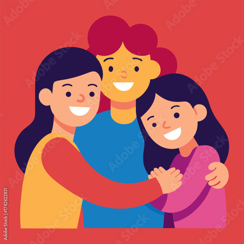 Happy mother hugging her two daughters a vector illustration of family love and bonding isolated on a red background