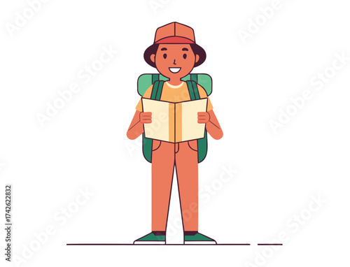 Cartoon hiker with backpack reading a map ready for adventure