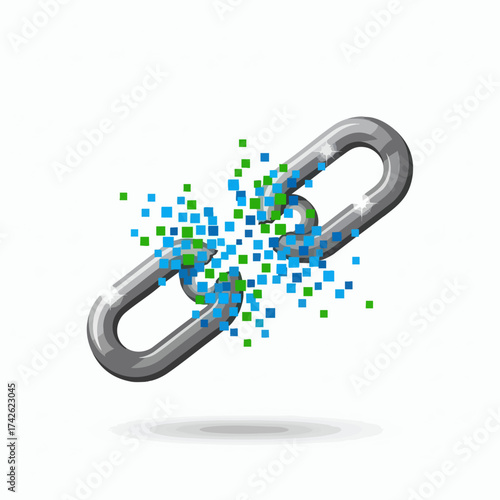 Digital Chain Disintegrating into Pixels on White Background.