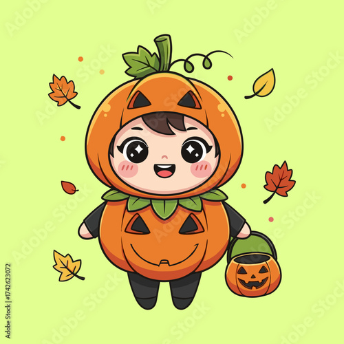 Cute child in pumpkin costume with autumn leaves and candy bucket.