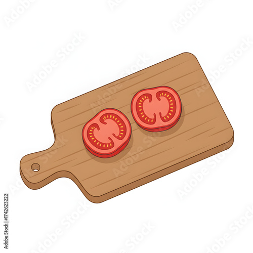 Two halves of a fresh red tomato neatly placed on a wooden cutting board, ready for cooking or salad preparation. This illustration is perfect for recipe concepts or ingredient icons.