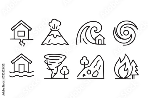 Natural Disasters Icons Earthquake, Volcano, Tsunami, Hurricane, Flood, Tornado, Landslide, Wildfire