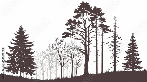 Isolated bare black trees in a winter forest create a stark silhouette against the white snow and cold sky