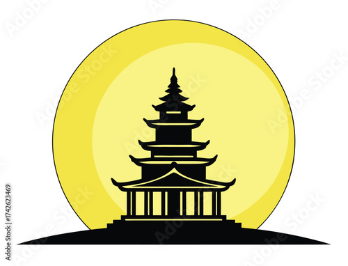 Asian pagoda silhouette against a yellow moon vector illustration design