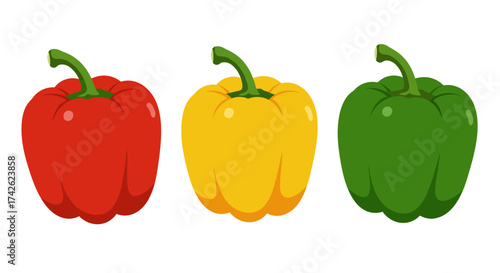 Three Colorful Bell Peppers: Red Yellow and Green.
